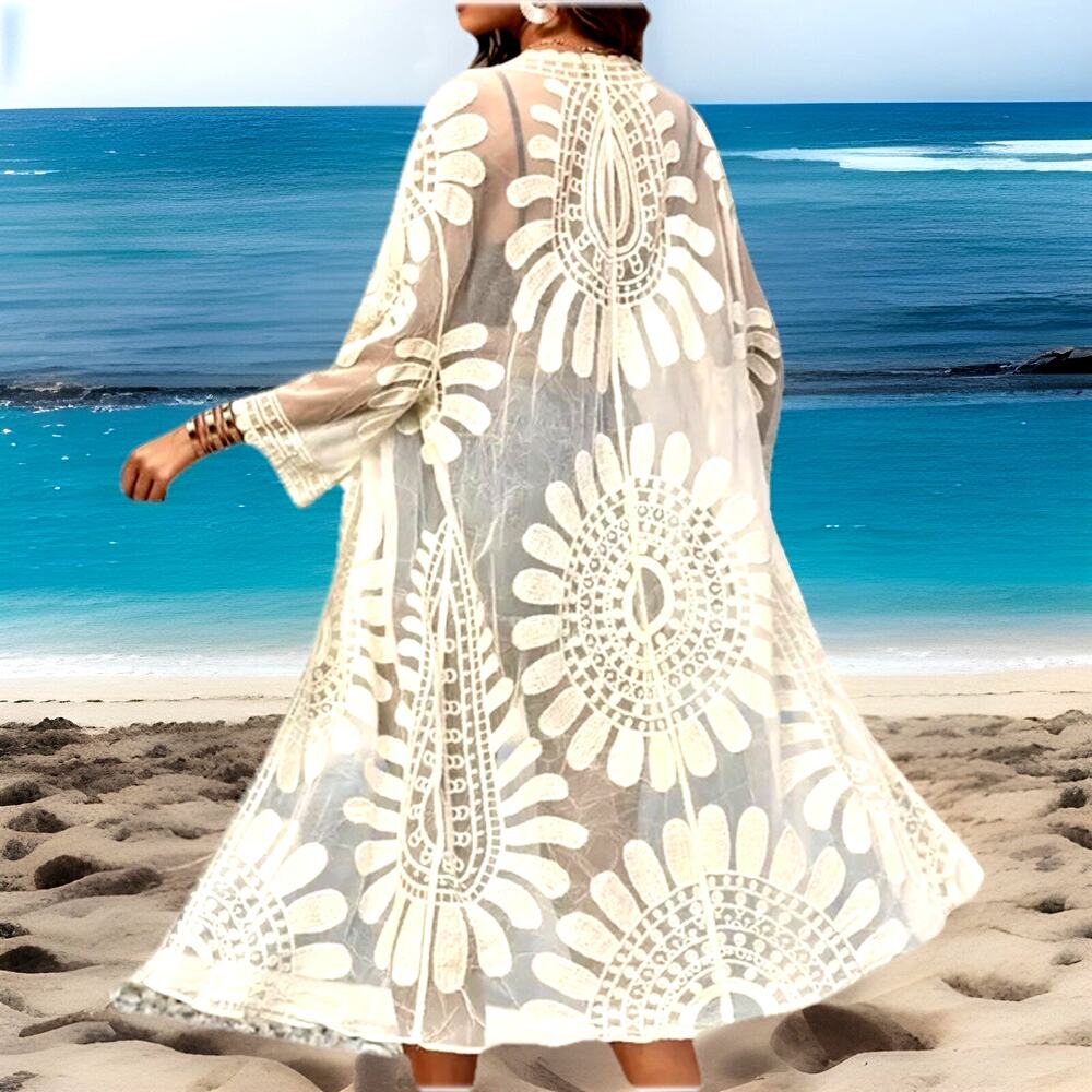 Long lace Duster Kimono Embroidered Robe boho beach Cover Fairy Whimsy Festival